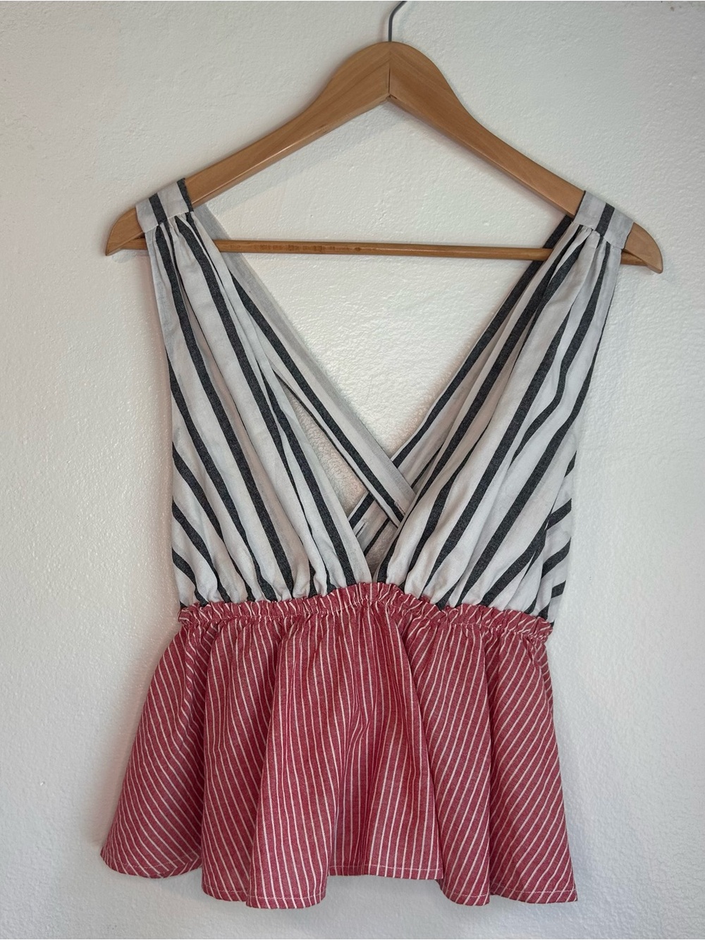 Free People White and Black Striped Bodice with Red Peplum Tank